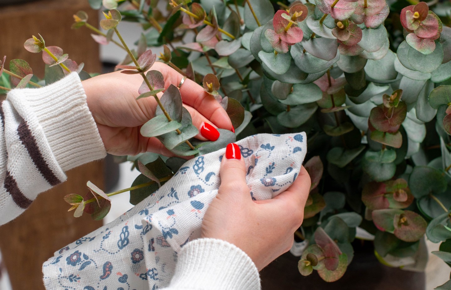 a person cleaning artificial plants with a soft cloth